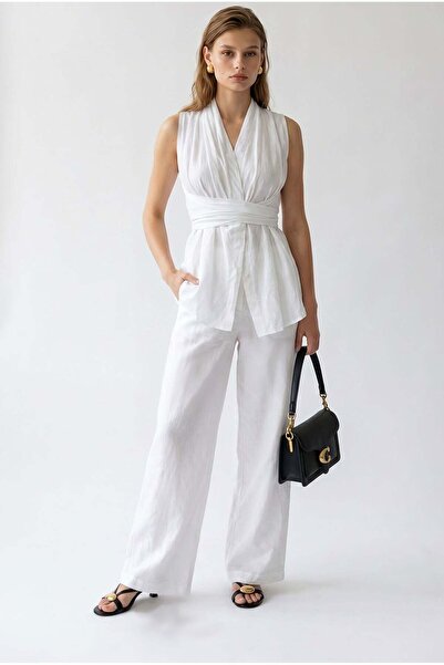 Mixray 2142 Women's Linen Blend Suit with Belt Detail White