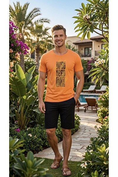 seamlife 9842 Men's Orange Black Combed Cotton Half Sleeve Shorts Set