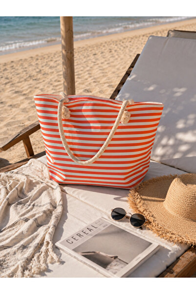 Marina Çizgili Büyük Boy Plaj Çantası – Turuncu Beyaz Halat Saplı Beach Bag