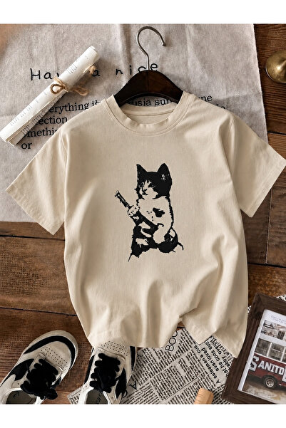 ZİYMO Unisex Y2K Guitar Black Cat Printed Oversized T-Shirt