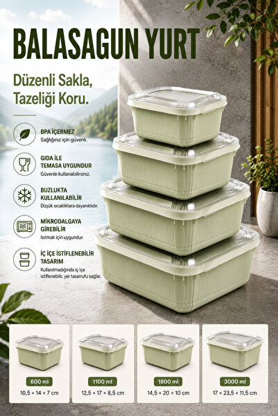 4'lü Saklama Kabı Seti Dikdörtgen Softchef Çizgili
