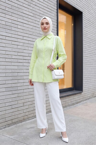 Modamorfo Striped Buttoned Modal Tunic with Side Laces - Light Yellow