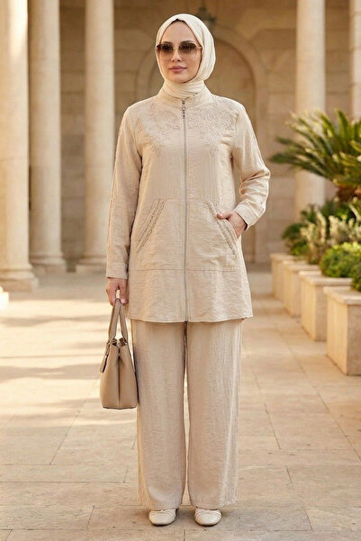 Neva Style Set Hijab din in bej cu detalii brodate 32101BEJ