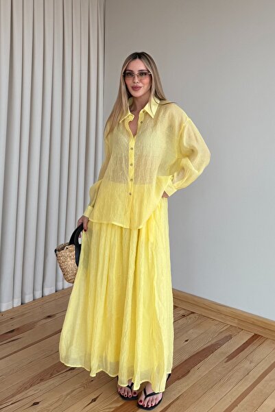 Laluvia Yellow Crinkled Shirt Skirt Set - 51159