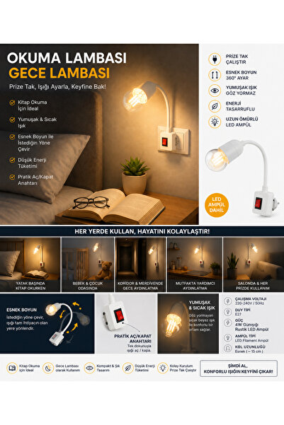 ÇağatayElektrik Esnek Boyunlu Priz Tipi Okuma Lambası | Gece Lambası | E27 | ...