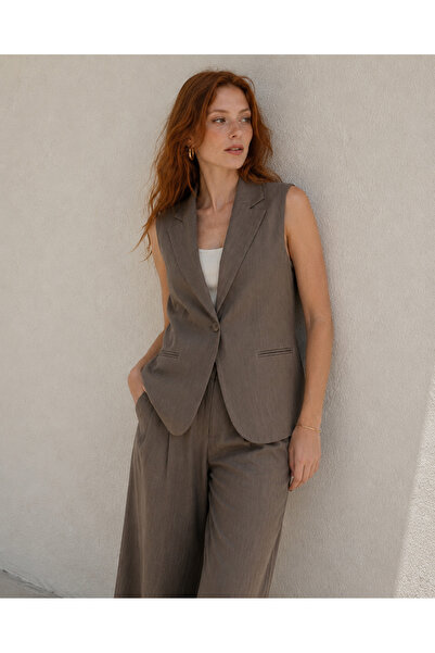SHUR BOUTİQUE Haki Kolsuz Keten Blazer Yelek