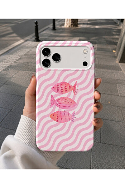 OVADA İphone 17 Pro Max Uyumlu Pembe Balık Desenli Kadife Soft Telefon Kılıfı