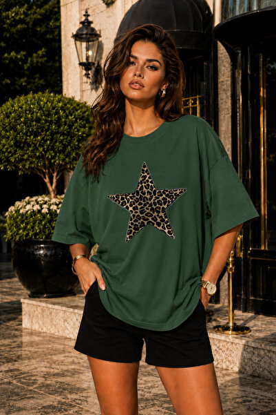 FECCY Premium Leopard Star Printed Oversize Women's T-Shirt Cotton Oversize T...
