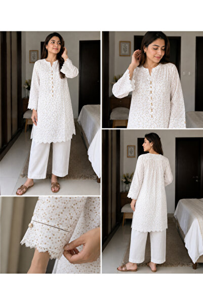 Libas lab - Ivory Cotton Modest Shirt with Scalloped Lace Hem