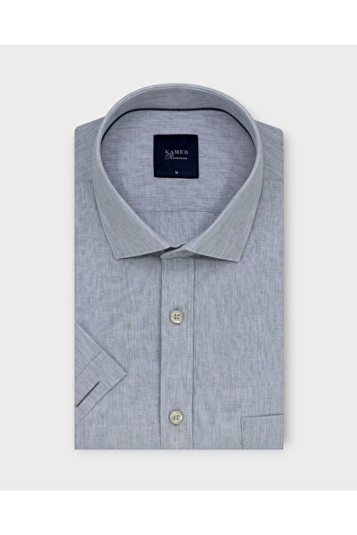 KAMER Men's Regular Fit Short Sleeve Classic Collar Patterned Light Gray Shir...