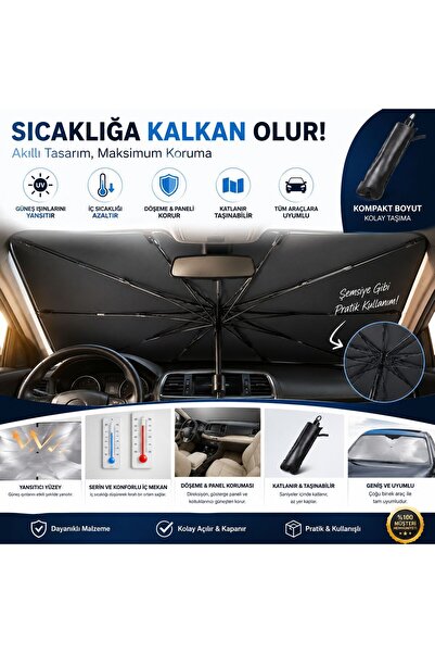 CİYESKA Şemsiye Tipi Araç Ön Cam Güneşliği / UNİVERSAL | Katlanabilir Oto Gün...