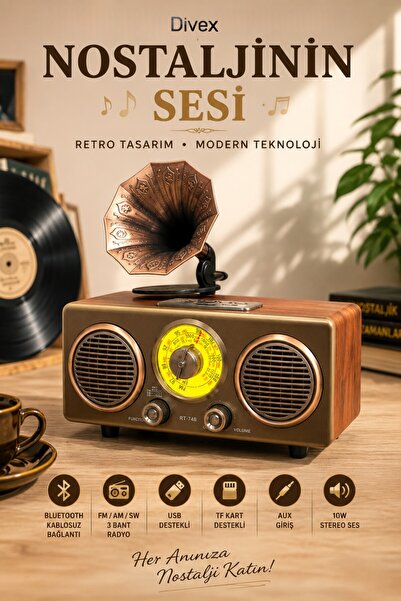 Divex Nostaljik Bluetooth Müzik Çalar Ahşap Tasarımlı FM/AM Radyo USB TF Kart...
