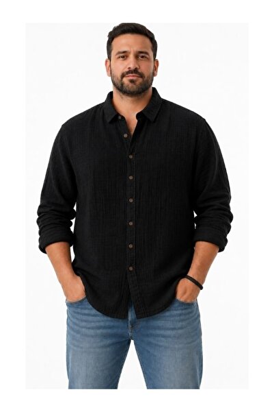 Mulberry Large Size Oversize Muslin Men's Shirt Comfortable Fit Buttoned Long...