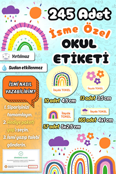 Sticker Ekspres Okul Etiketi Renkli Gökkuşakları Kalem Defter Etiketi Özel İs...