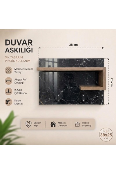 Genel Markalar Modern Duvar Anahtarlığı ve Raflı Düzenleyici 38 x25 cm – siya...