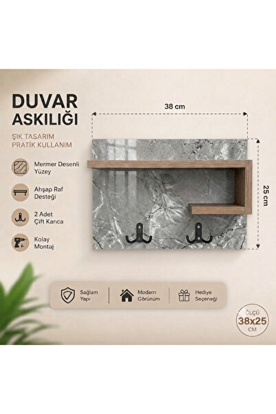 Modern Yuvarlak Duvar Anahtarlığı ve Raflı Düzenleyici 38 x25 cm – gri mermer Görünümlü Anahtarlık Askılığı, Giriş Holü Organizeri