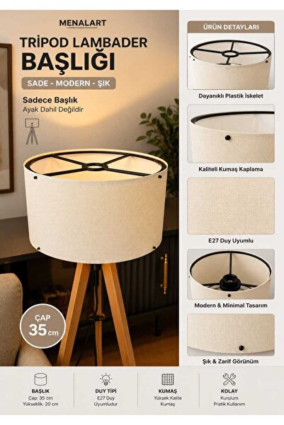 menalART Ağaç Tasarım Krem Lambader Başlığı 35 CM Mega Boy Kaliteli Tripod Ku...