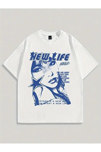 Vordevia Μπλουζάκι Unisex με στάμπα New Life, λευκό, υπερμεγέθη, βασικό, άνετ...