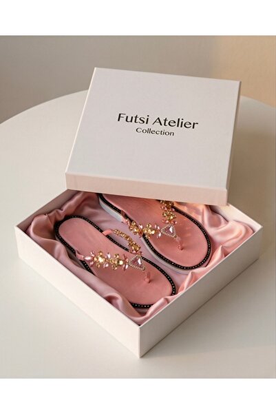 futsi shoes ELOISE Pembe Hakiki Deri Taş İşlemeli Parmak Arası Kadın Terlik