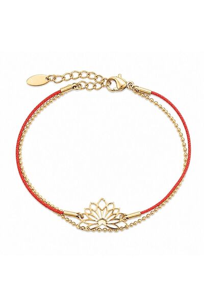 Bijuteria SORELLY Brățară lotus placată cu aur de 14k, cu șnur roșu și mărgele