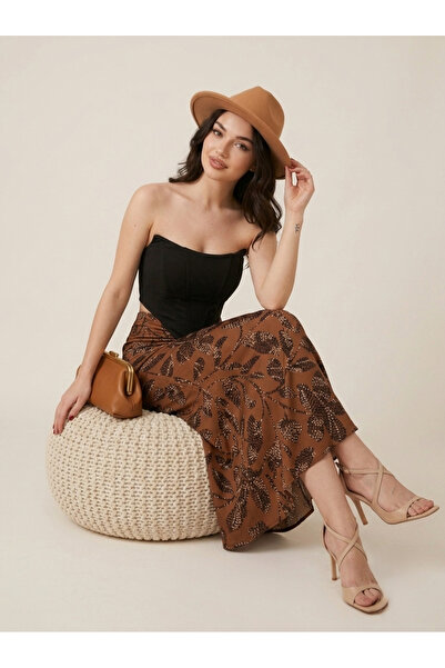 MAİMODA Women's Patterned High Waist Flared Satin Skirt