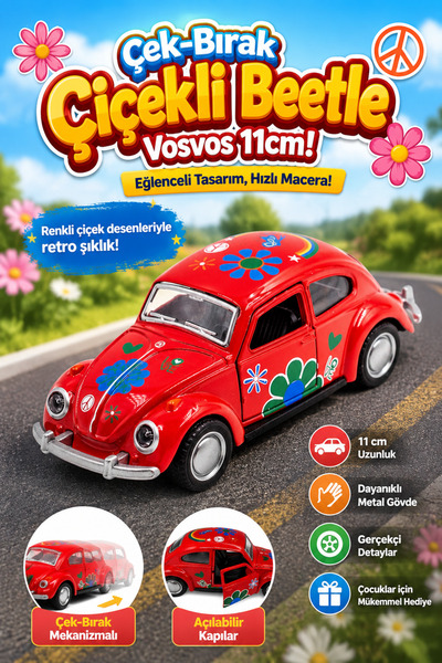 craftivio Çek Bırak Metal Vosvos Oyuncak Araba 11 cm - Klasik Çiçekli Retro T...