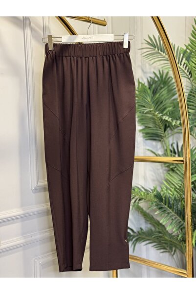 Sentez 5596 Linen Stitched Detailed Segmented Trousers Brown