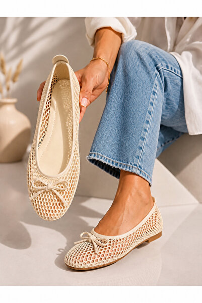 STOCON Women's Beige Bow Detailed Mesh Ballerinas Daily Gift Ballerinas Stc1320