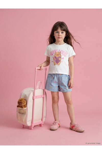 LC Waikiki Lcw Kids Blue Elastic Waist Embroidered Girls Jean Shorts