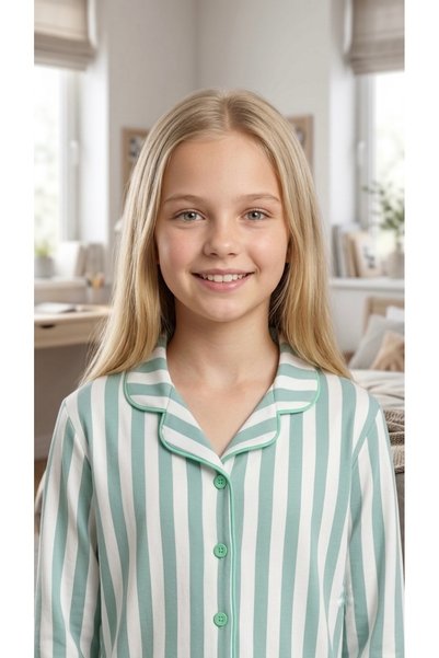 Enie Girls and Boys Mint Green Cotton Striped Long Sleeve Pajama Set + Eye Patch