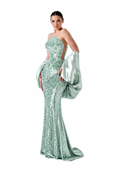 AYSHA BOUTIQUE PAYETLİ STRAPLEZ GİYDİRME KOL DETAYLI BALIK MODEL ABİYE