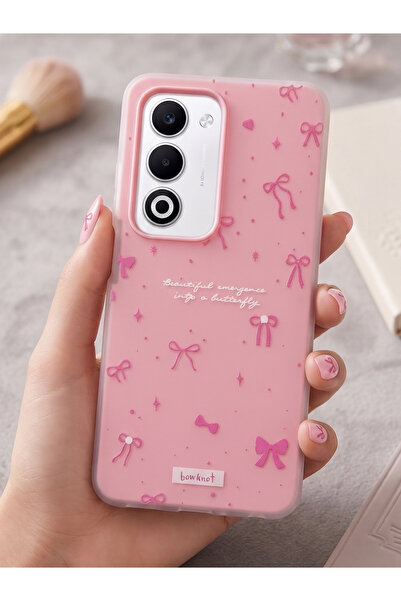 Rivor Oppo A5 4G/5G 2025 Uyumlu Kılıf Pembe 3D Kurdeleli Fiyonk Desenli Kamer...