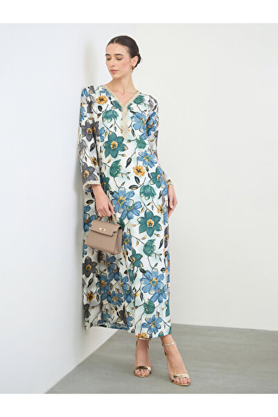 Amirah By Styli Floral Print Jalabiya with Gold Lace Trim