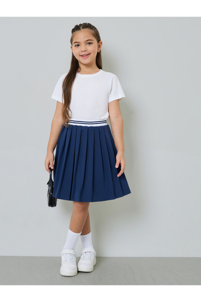 Styli Girls Knee Length Pleated Skirt with Striped Elastic Waistabnd