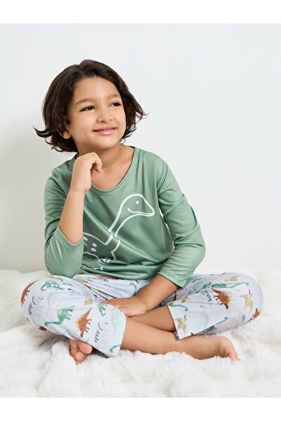 Styli Boys Dino Print Long Sleeves T-Shirt and Straight Leg Pyjama Set