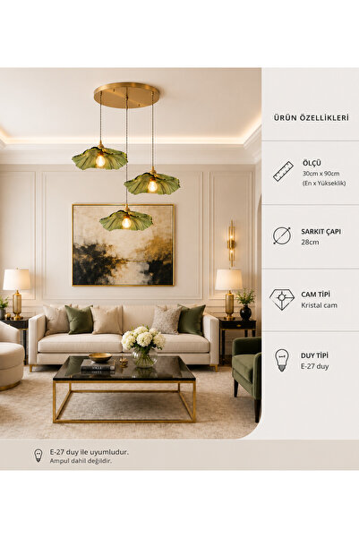 Buiva Luxury Premium Classics Kristal Cam Sarkıt Avize 3 x E27 Duy Örgü Kablo