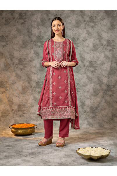 Silver Lime By Styli Pink Placement Embroidery Straight Kurta, Pants and Dupa...
