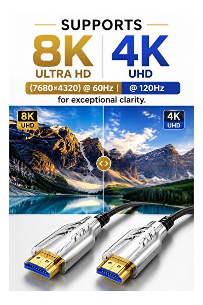 Generic كابل ألياف بصرية نشط (AOC) من نوع HDMI 2.1 عالي الدقة 8K@60Hz / 4K@120Hz |   كابل HDMI فائق السرعة 48 جيجابت في الثانية |   HDR، eARC، VRR، ALLM |   نقل بيانات عالي الجودة لمسافة 200 متر بدون فقدان
