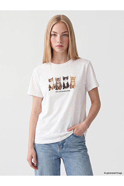 LC Waikiki White Cat Printed Cotton Women's T-Shirt