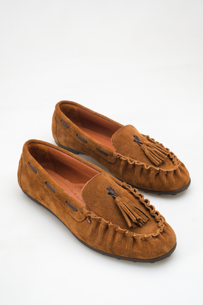 Ayakkabı Delisiyim Tan Genuine Leather Women's Loafer Shoes with Tassels Non-...