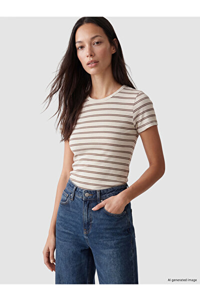 LC Waikiki Lcw Everyday Brown Crew Neck Striped Women's Ribbed T-Shirt