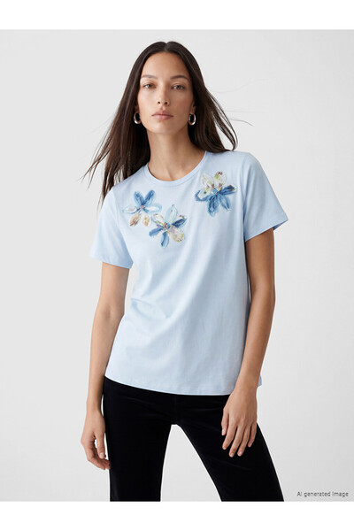 LC Waikiki Lcw Everyday Blue Crew Neck Embroidered Women's T-Shirt