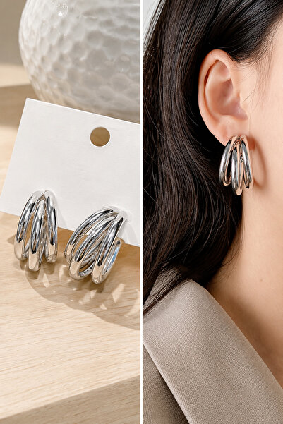 TREND COLLECTİON أقراط فضية متعددة الحلقات للنساء بتصميم أنيق