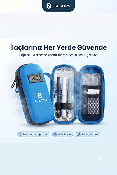 Sekors Mavi Dijital Göstergeli İnsülin Taşıma Çantası Soğuk İlaç Çantası Medi...