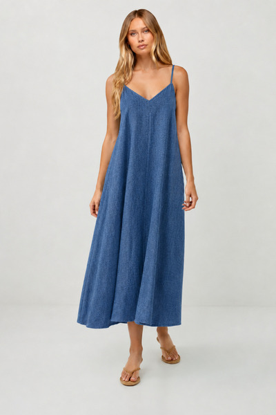 World Fashion Trends V-Neck Woven Fabric Long Dress with Adjustable Straps