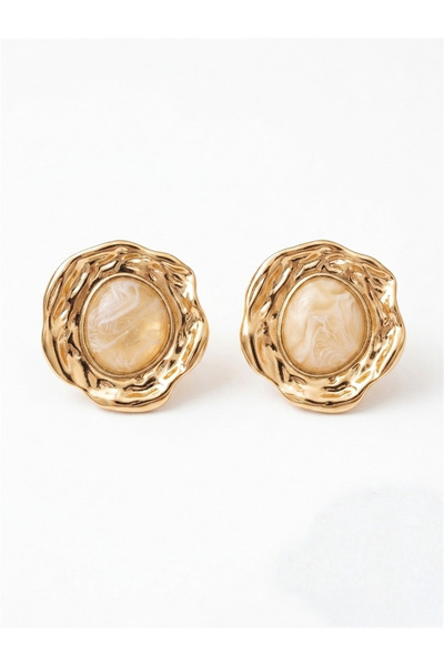 Pelin Aksesuar Gold Color Vintage Textured Cream Stone Round Earrings