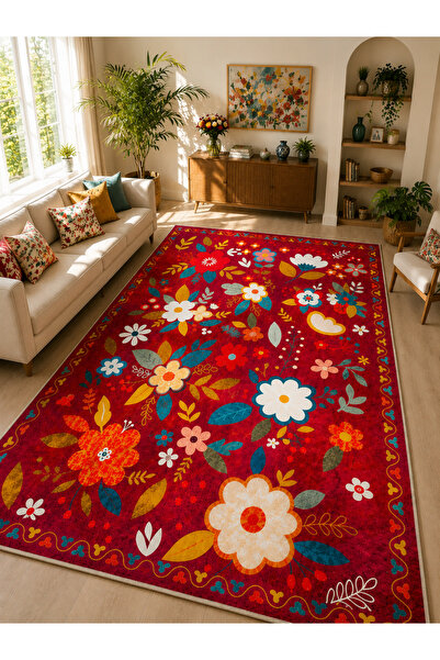 Chilai Home MORRIS RED Makinede Yıkanabilir Kaymaz Taban Leke Tutmaz Dijital ...