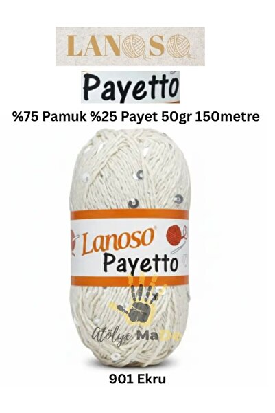 Lanoso Payetto -901 Ekru- %75Pamuk %25Payet 50gr 150m Tek Yumak Pullu İp