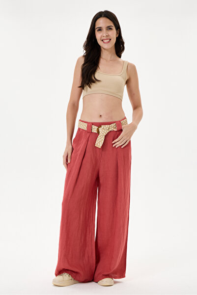 della moor Women's Coral Italian 100% Linen Straw Belted Pleated Wide Leg Lin...