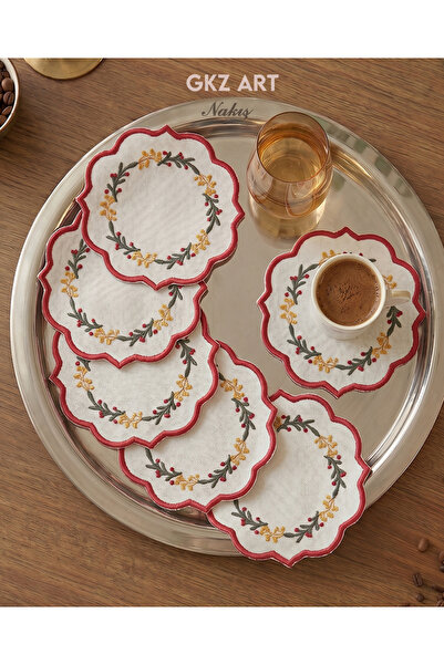 gkzglass home dekor 6 Adet Keten Kumaş Üzeri Nakışlı Kahve Yanı Kokteyl Peçet...